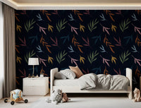 Kids bedrom featuring this dark, colorful painted leaf wallpaper.