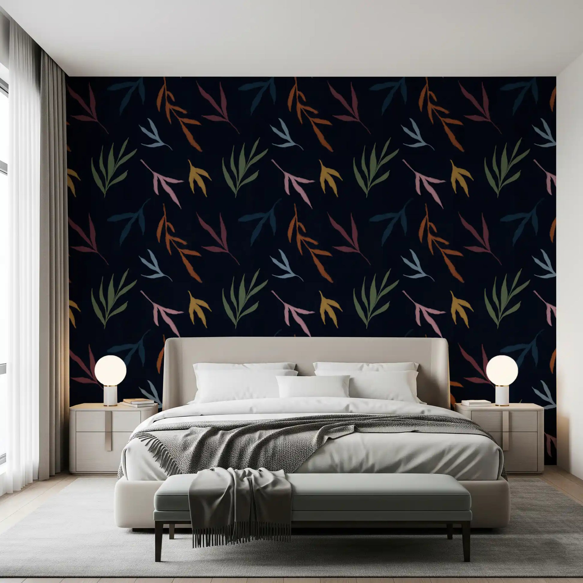 Sunlit bedroom wall featuring this moody tropical leaf wallpaper.