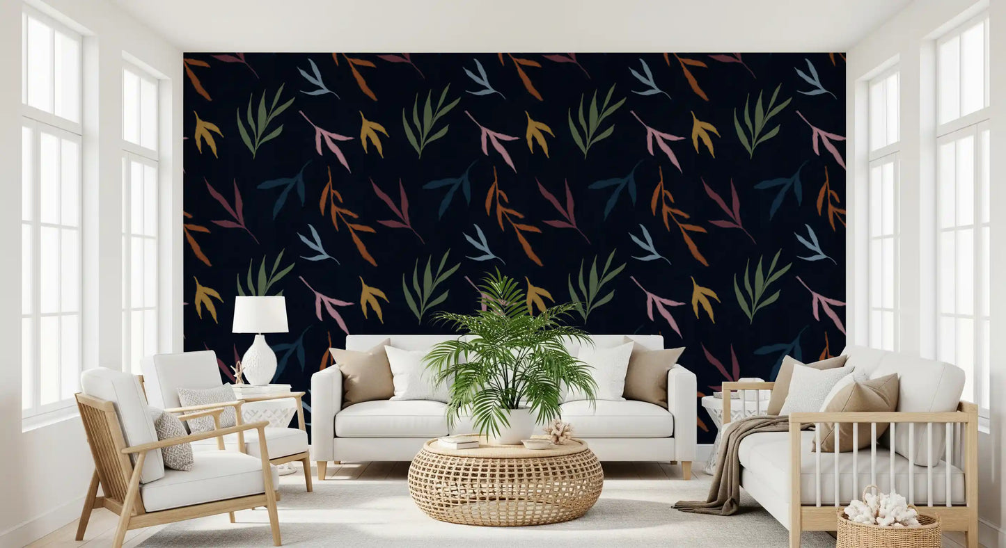 Vibrant botanical elements across the tropical painted dark wallpaper.