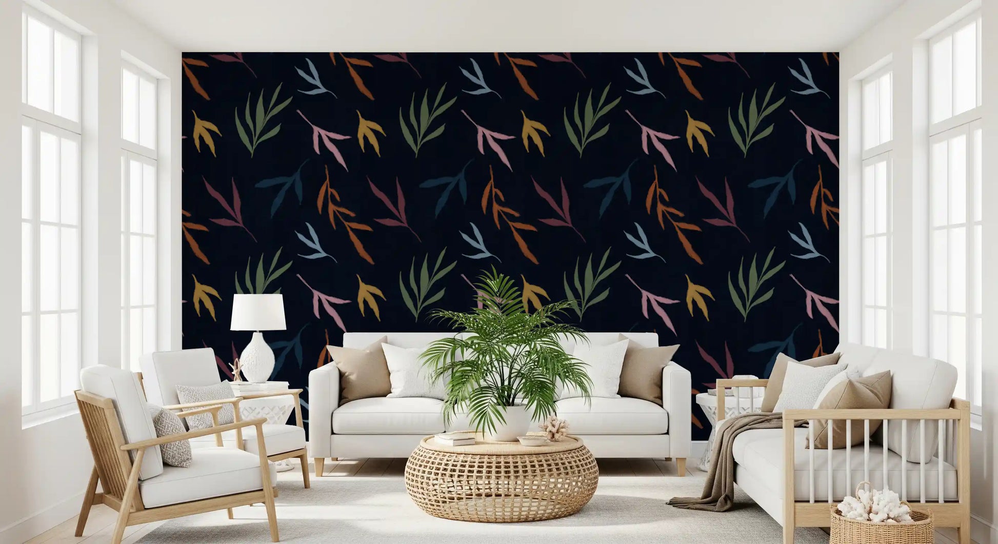 Vibrant botanical elements across the tropical painted dark wallpaper.