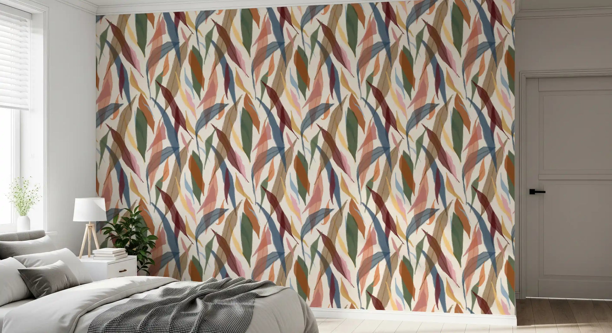 Botanical painted wallpaper adding a serene touch to a modern minimalist bedroom., GD9928