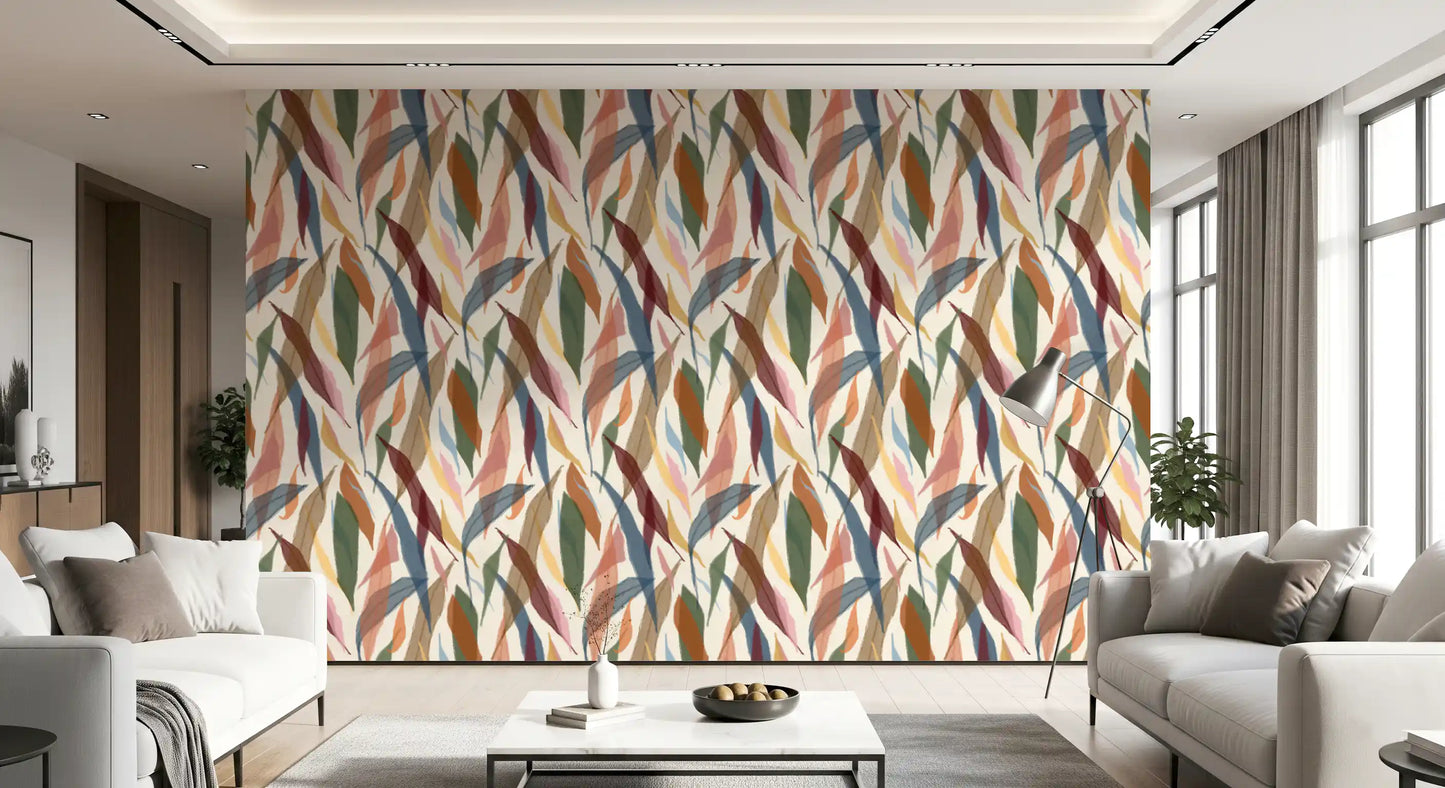Living room showcasing the tropical painted foliage wallpaper with sweeping leaves., GD9928