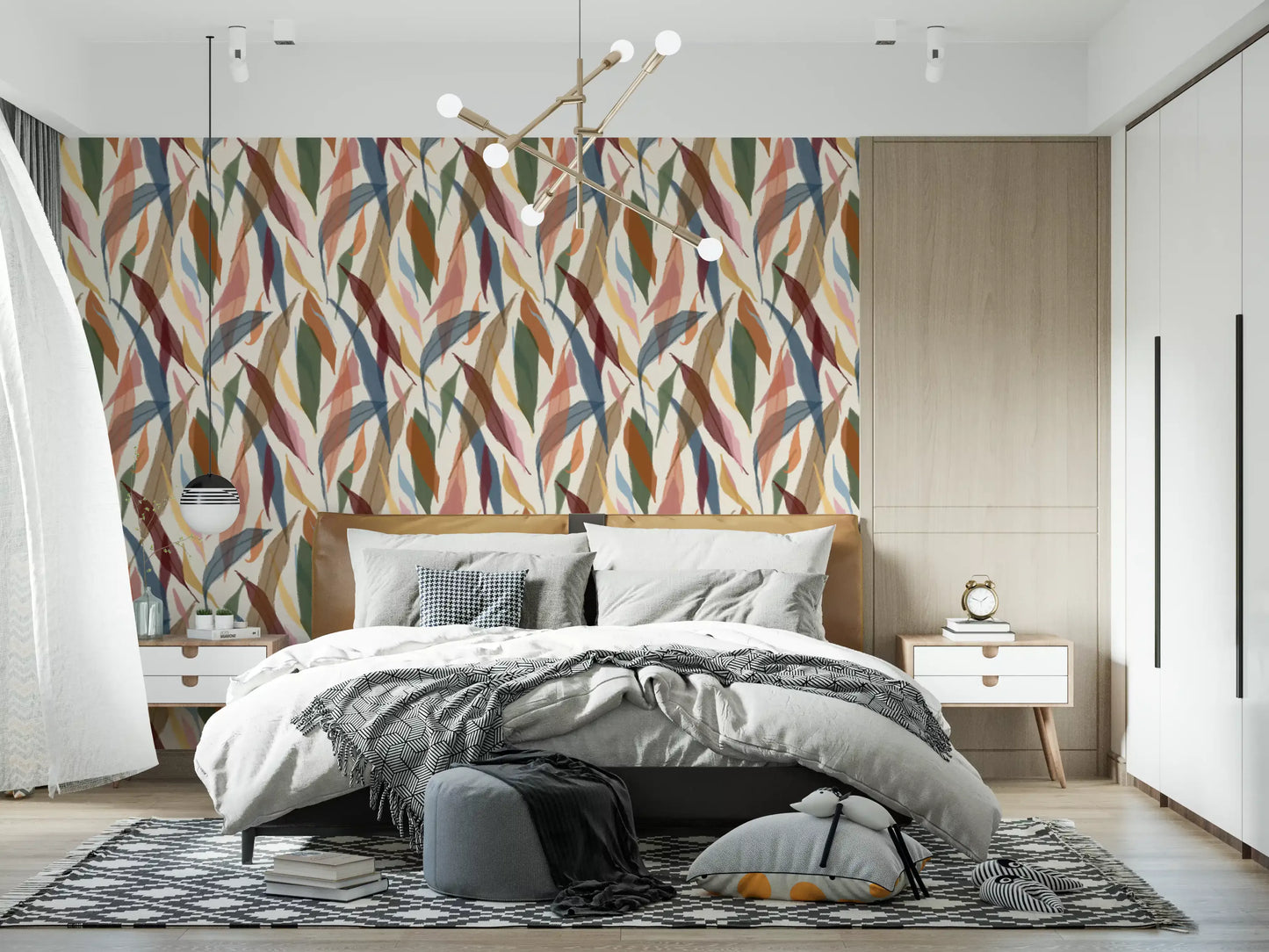 Sweeping leaf shapes cascade across the watercolor painted wallpaper., GD9928