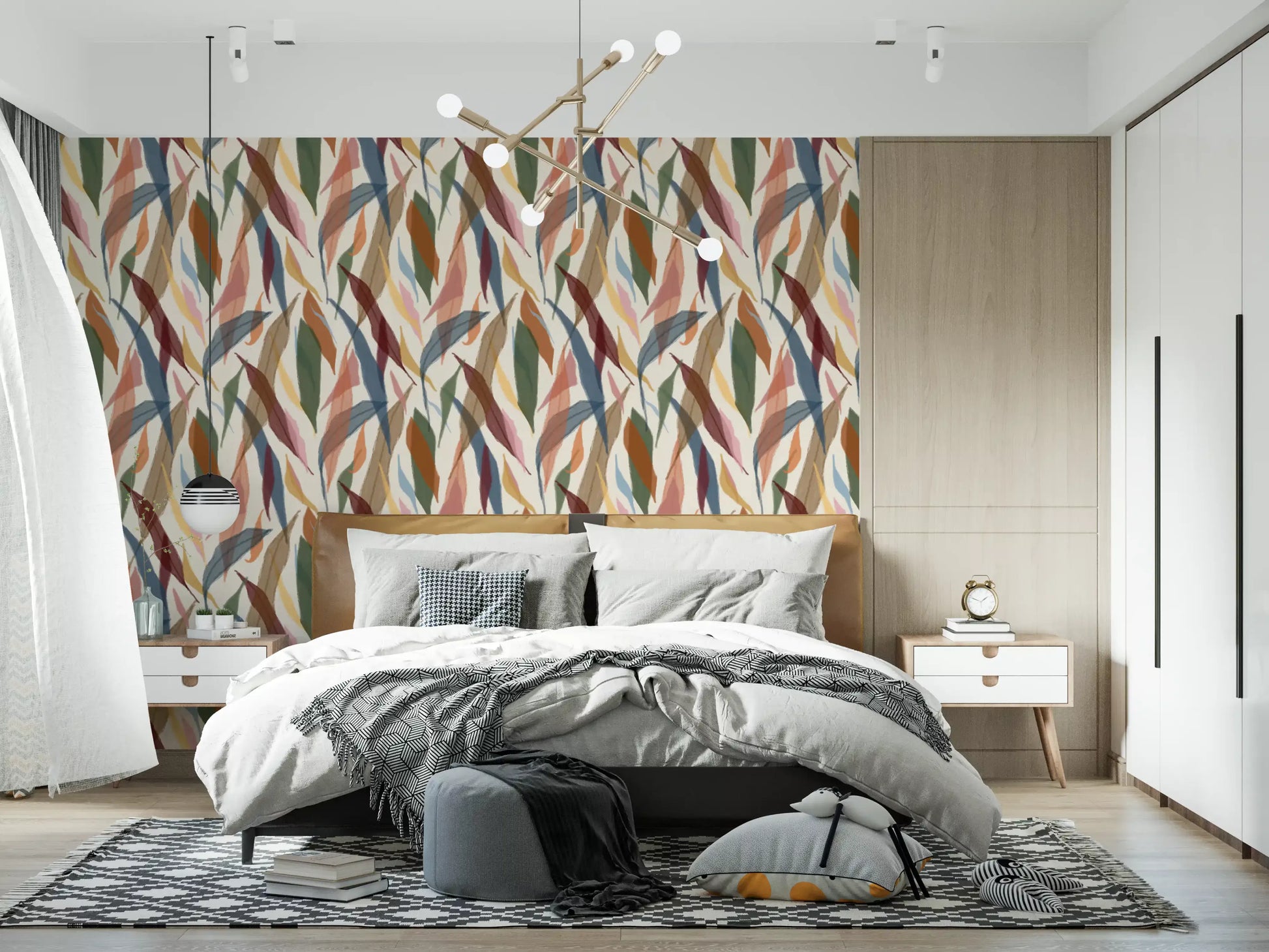 Sweeping leaf shapes cascade across the watercolor painted wallpaper., GD9928