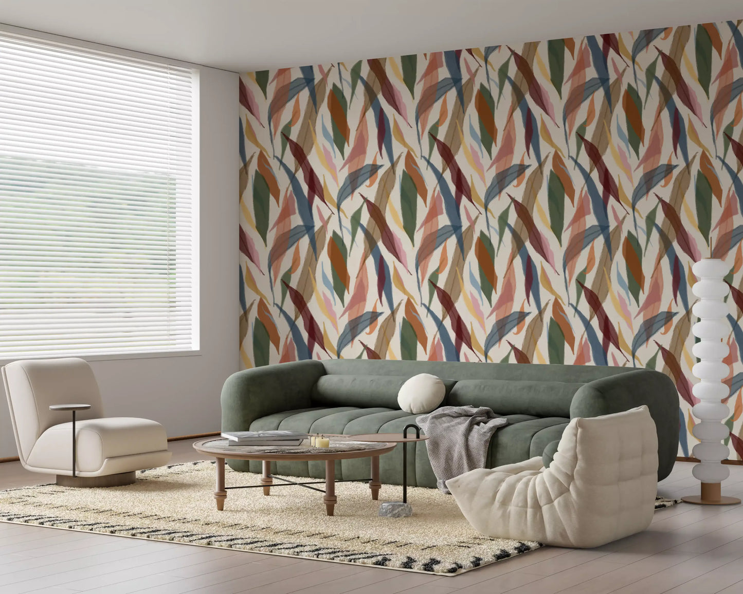Tropical leaf wallpaper bringing natural warmth to a quiet living room space., GD9928