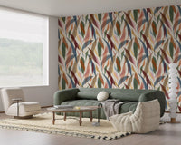 Tropical leaf wallpaper bringing natural warmth to a quiet living room space., GD9928