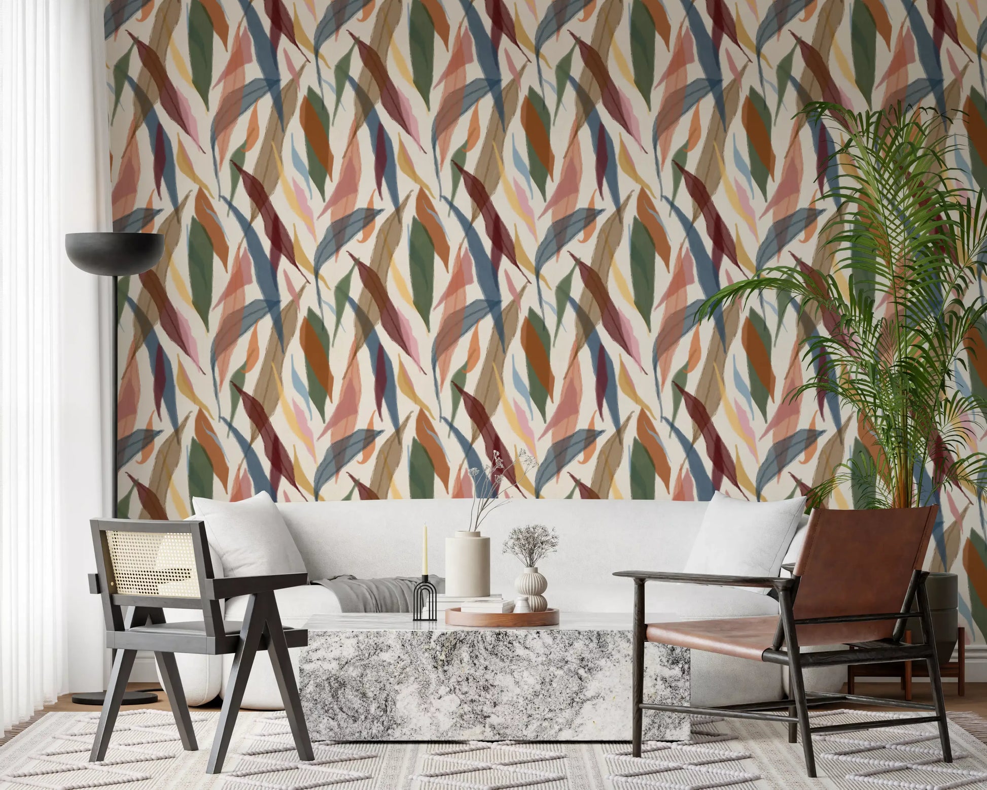 Bright hallway highlighted by the watercolor foliage wallpaper., GD9928