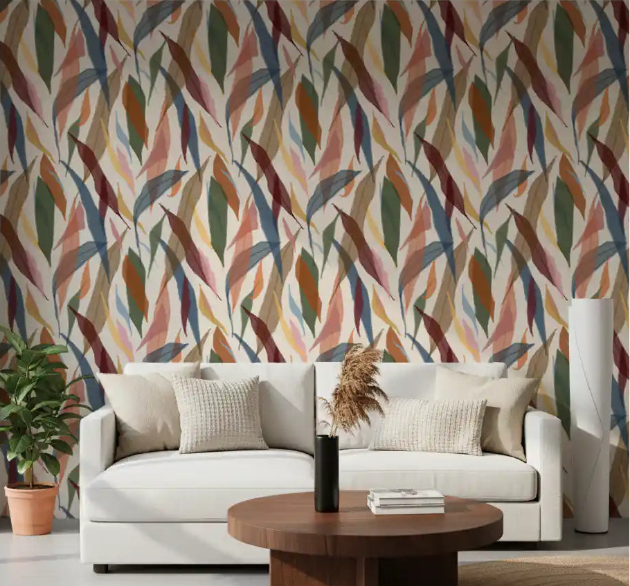 Living room featuring the painted foliage wallpaper in subtle earthy watercolor tones., GD9928