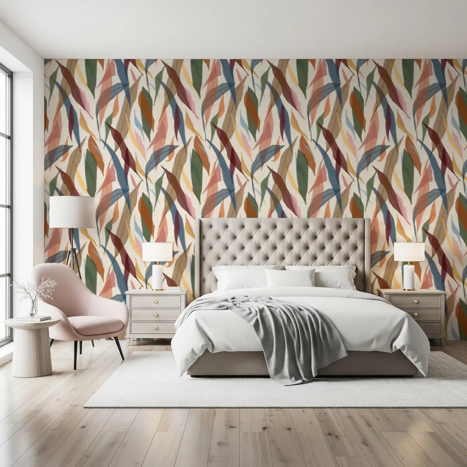 Detailed view of the foliage wallpaper with rich burgundy and green leaves., GD9928