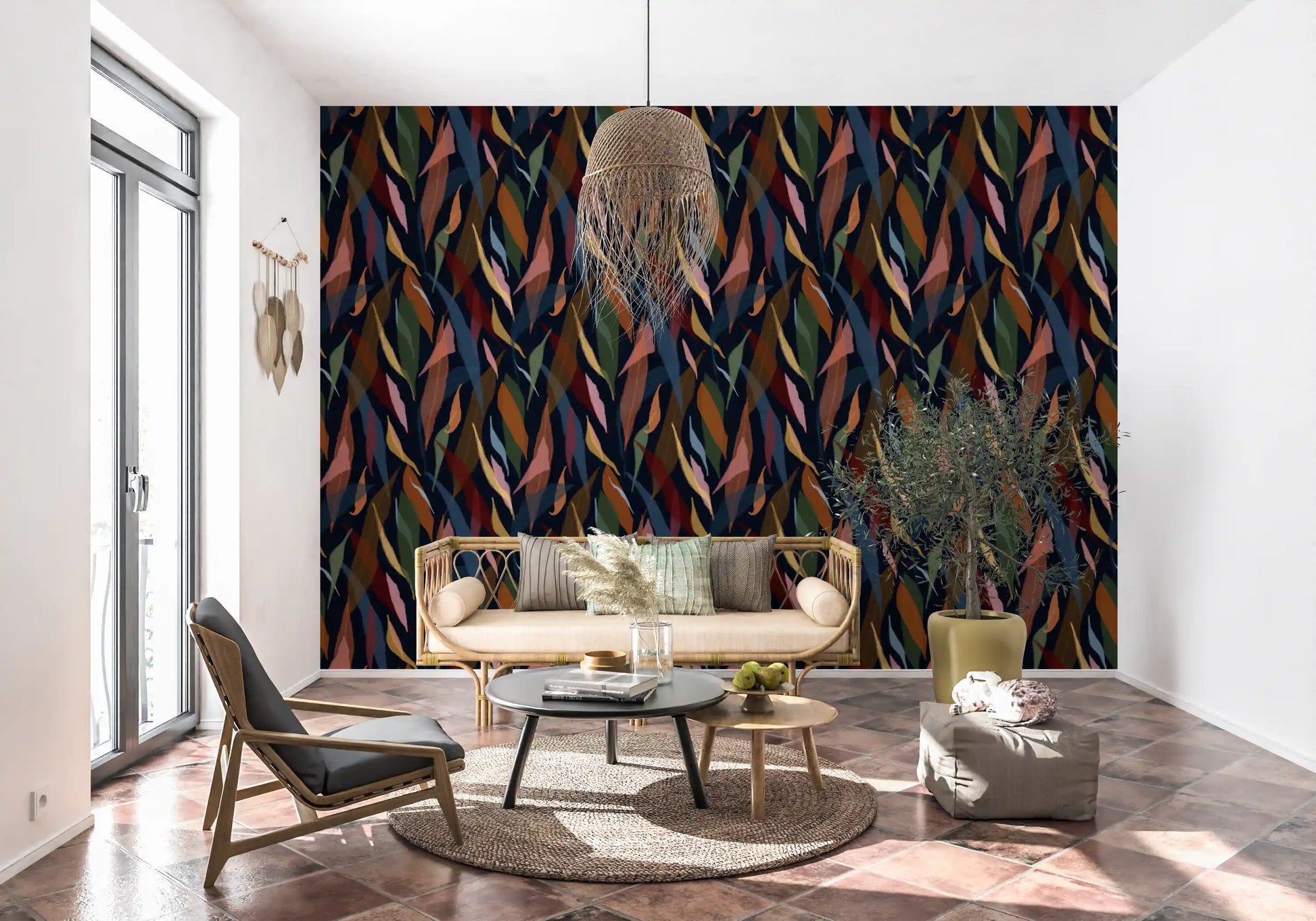 Rich red and blue tones sweeping across the Tropical Painted Dark wallpaper., GD9929