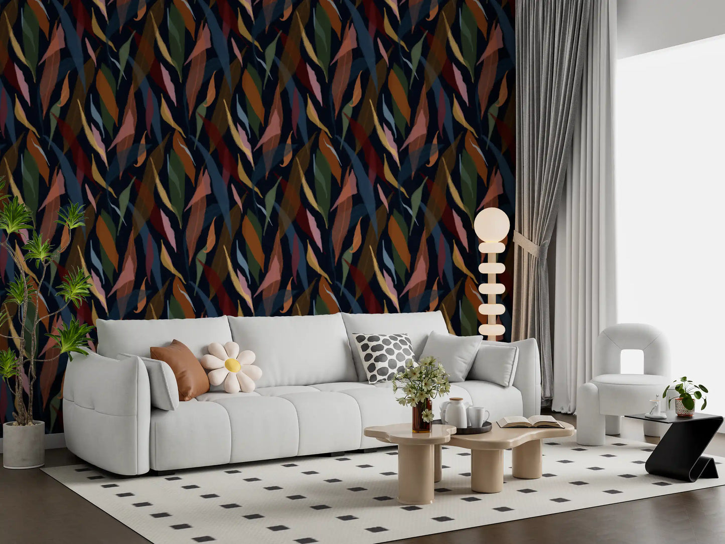 Living room featuring the Tropical Painted Collage Dark wallpaper on the main wall., GD9929