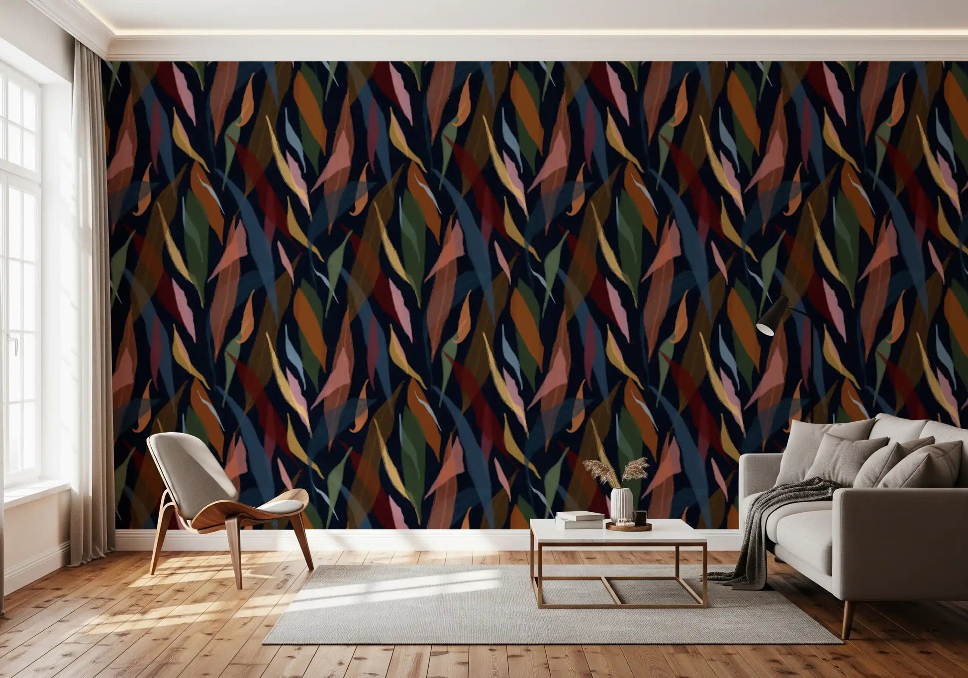 Hallway accented with the dynamic foliage of the Tropical Painted Collage wallpaper., GD9929