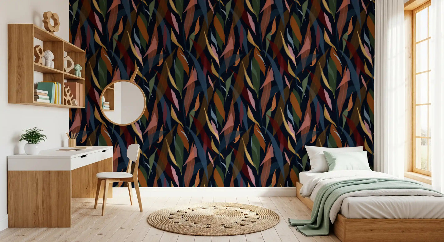 Vibrant bedroom atmosphere created by the Painted Collage Dark wallpaper., GD9929