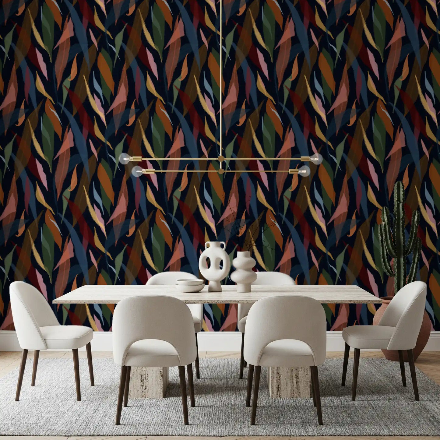 Dark background contrasting with bright leaves on the Painted Collage wallpaper., GD9929