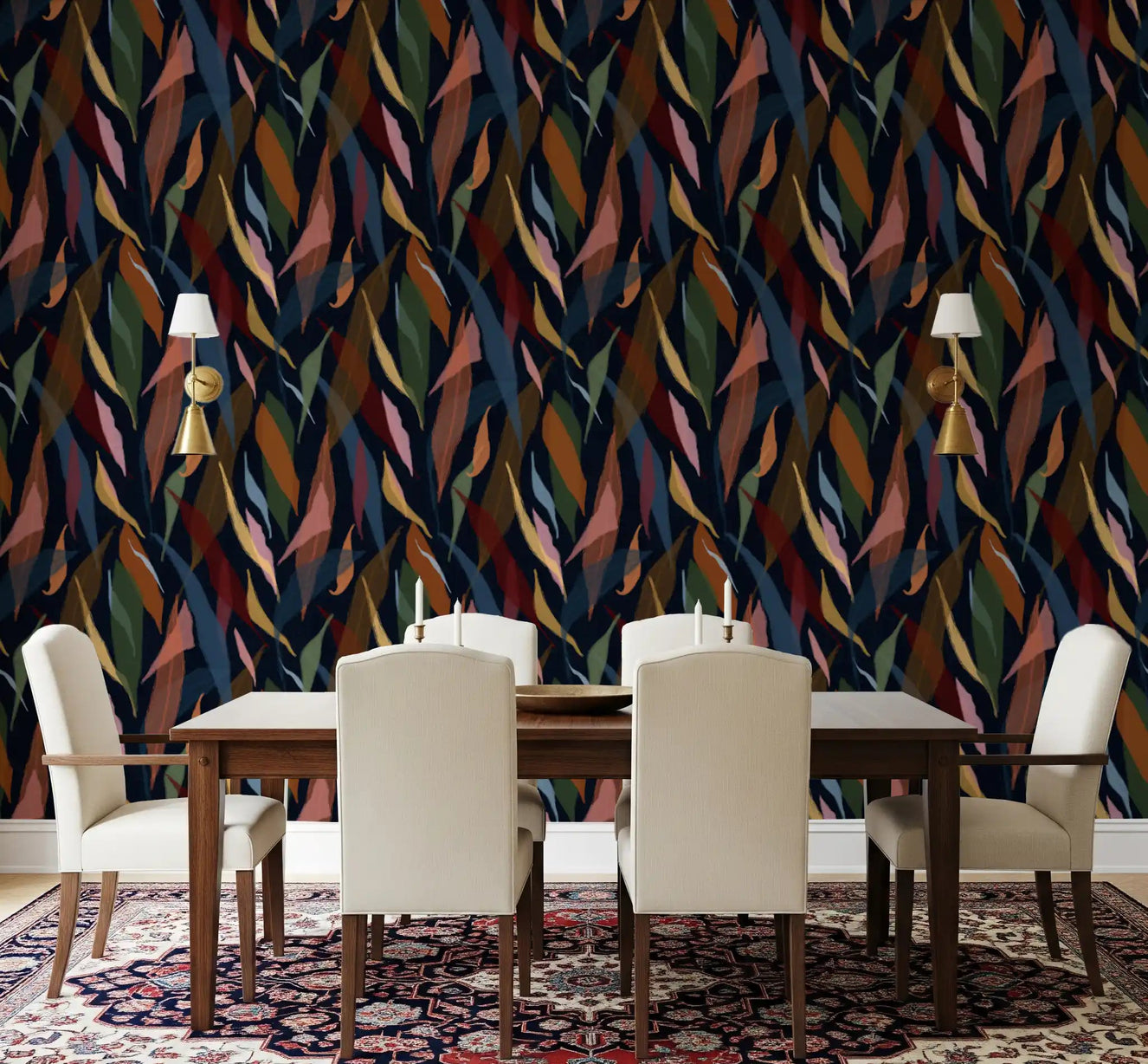 Dining room background highlighting the Tropical Painted Collage wallpaper.