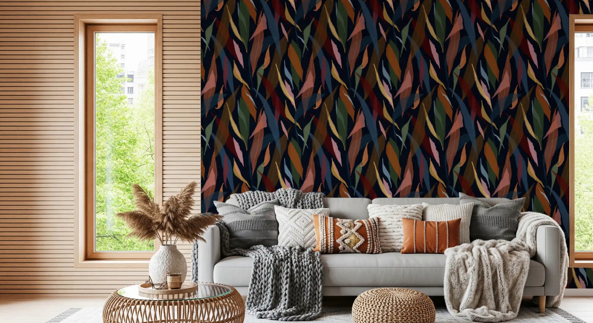 Living room showcasing colorful leaves of the Tropical Painted wallpaper., GD9929