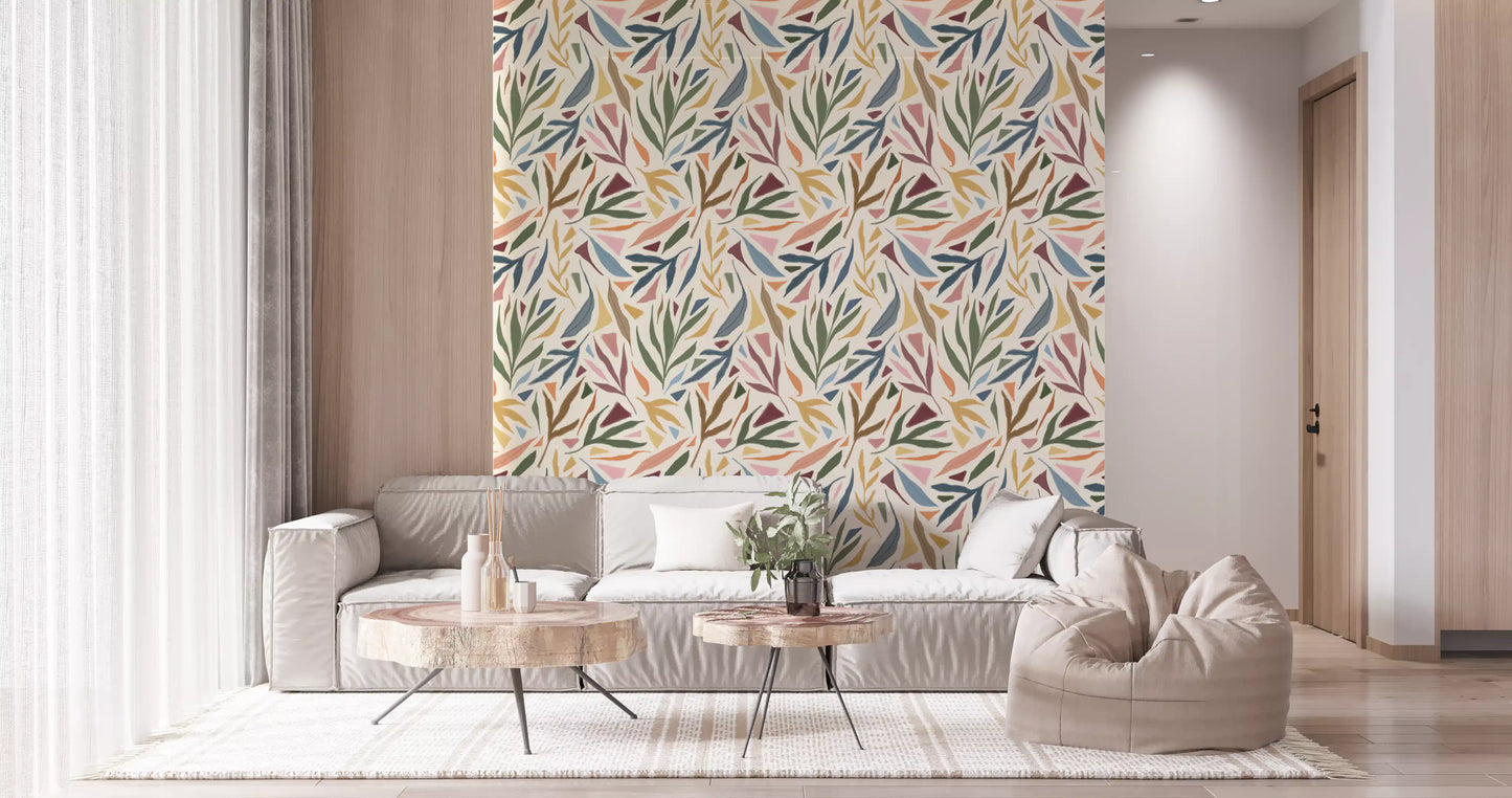 Geometric triangles and organic leaves combine on the Painted Collage wallpaper, GD9930