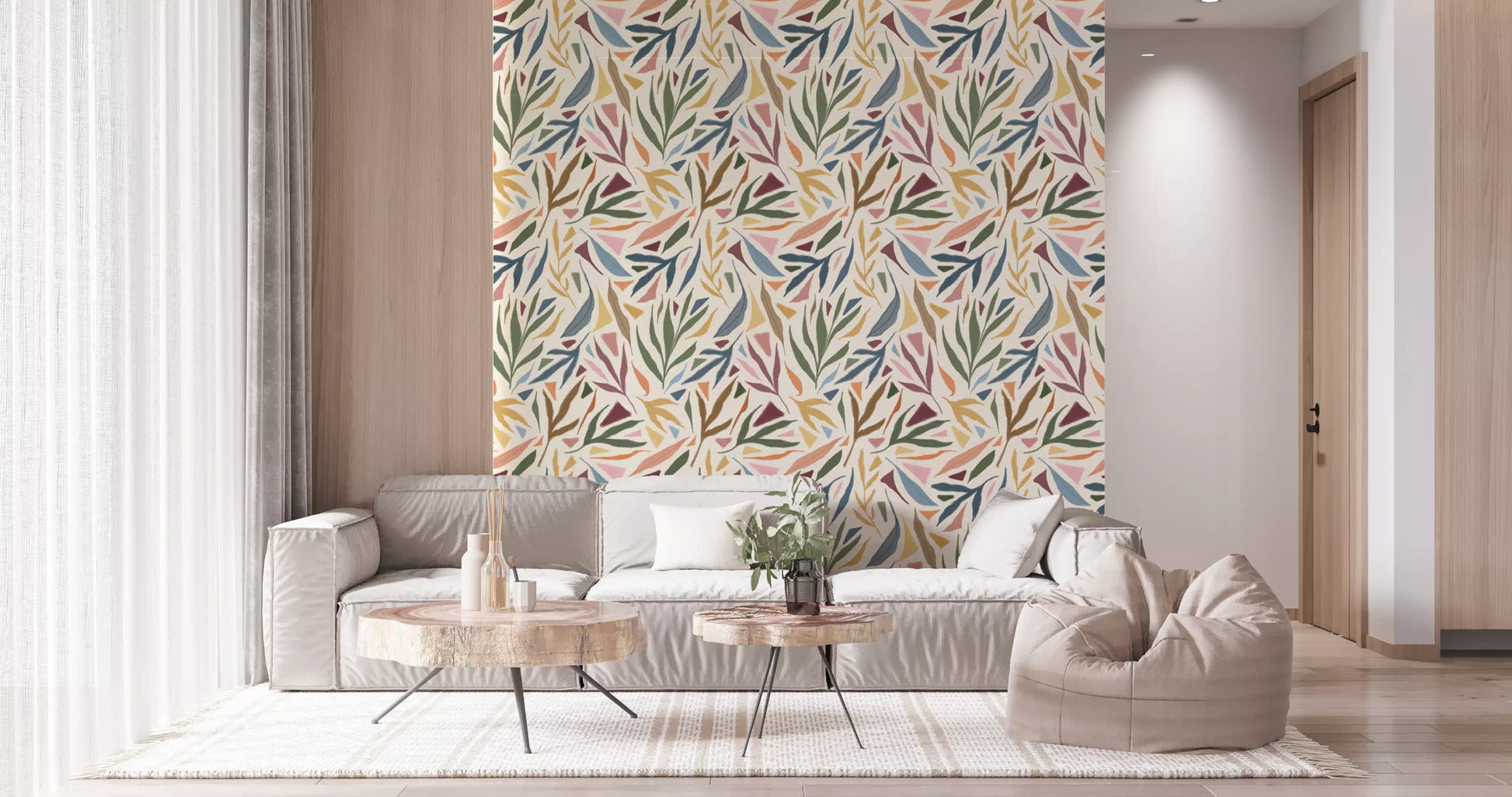 Geometric triangles and organic leaves combine on the Painted Collage wallpaper, GD9930