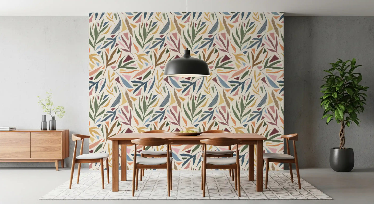 Dining room enhanced by the abstract shapes of the Painted Collage wallpaper., GD9930