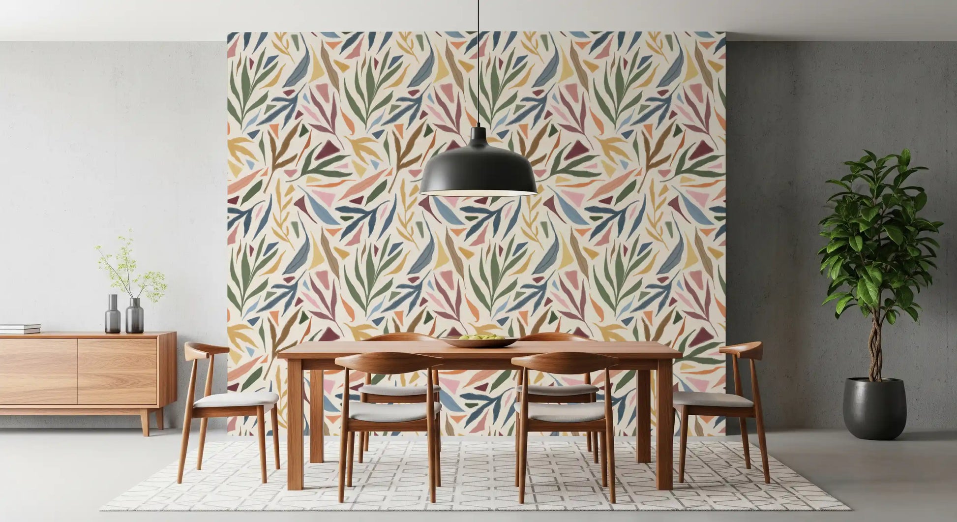 Dining room enhanced by the abstract shapes of the Painted Collage wallpaper., GD9930