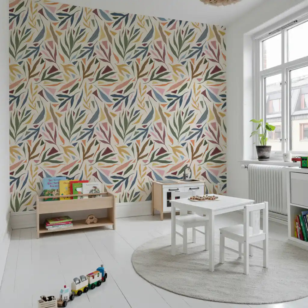 Geometric and floral Painted Collage wallpaper applied to a spacious nursery, GD9930