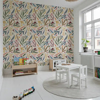 Geometric and floral Painted Collage wallpaper applied to a spacious nursery, GD9930