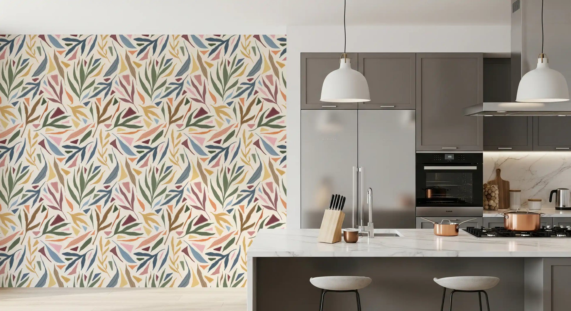 Swatches of blue green and pink highlight the Tropical Collage wallpaper., GD9930