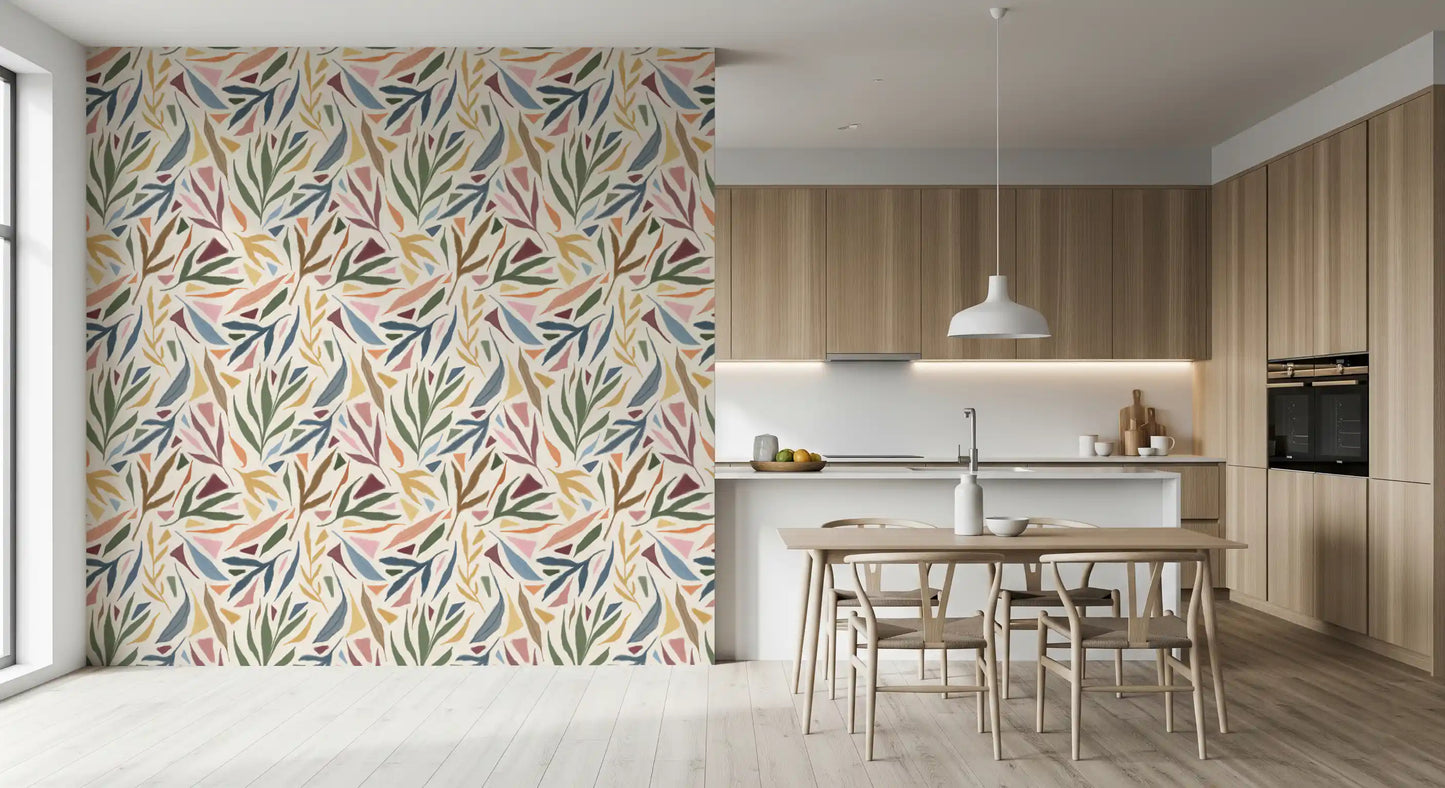 Seamless repeating botanical motifs spanning across the Tropical Painted wallpaper., GD9930