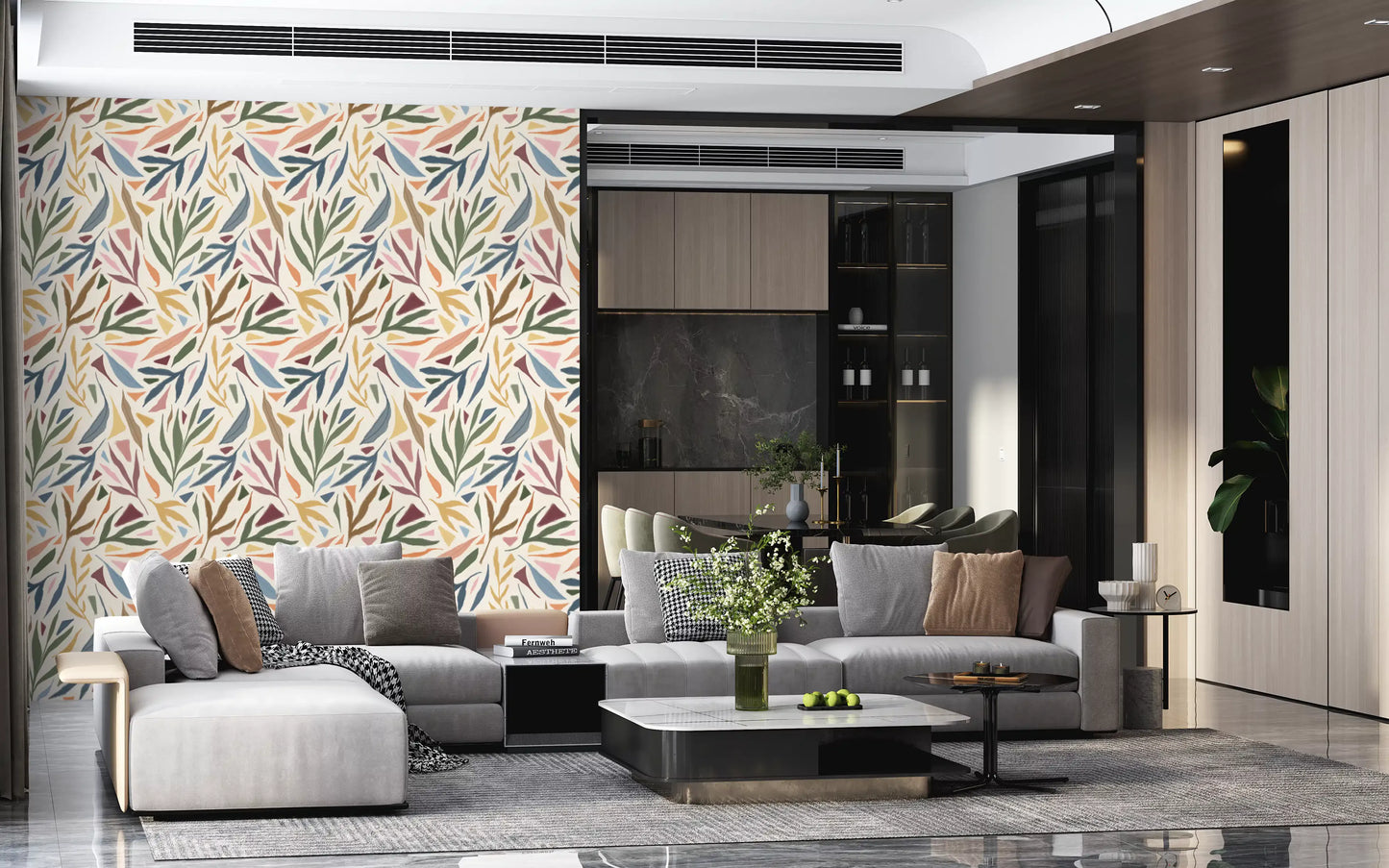 Living room accent featuring the colorful Painted Collage wallpaper on main wall., GD9930