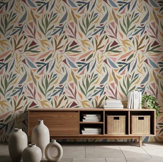 Hallway corridor showing the multicolored leaves of the Tropical wallpaper