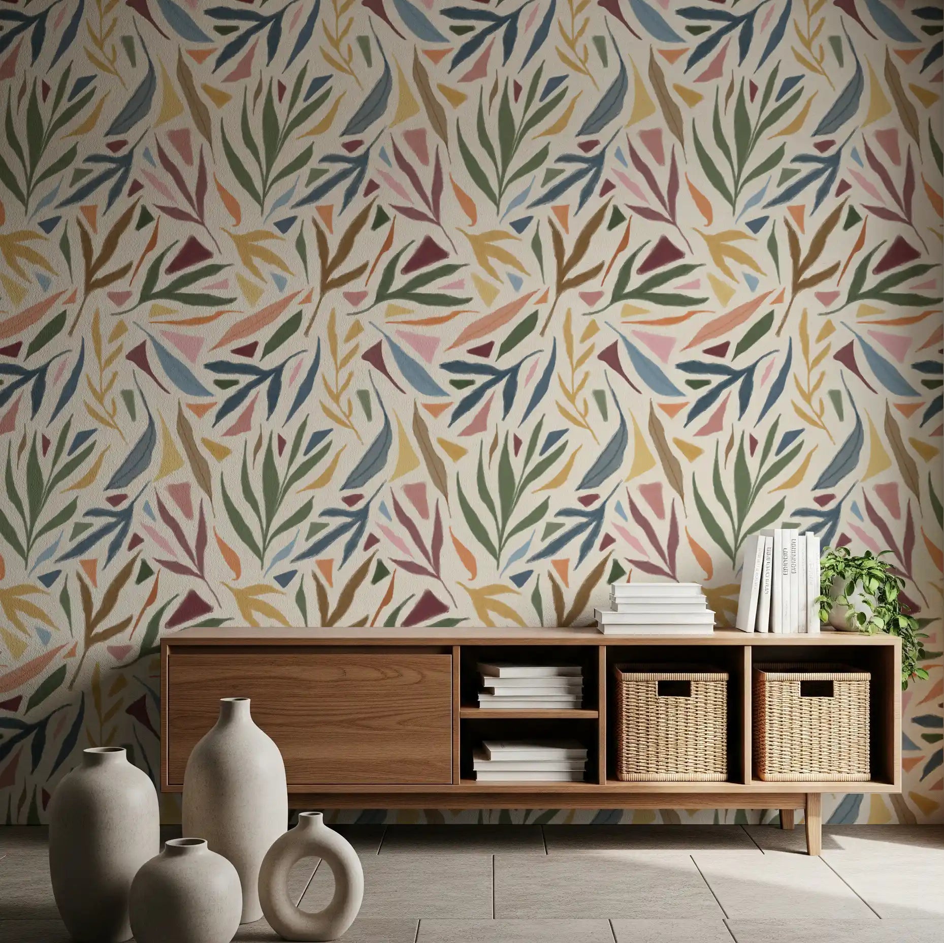 Hallway corridor showing the multicolored leaves of the Tropical wallpaper, GD9930
