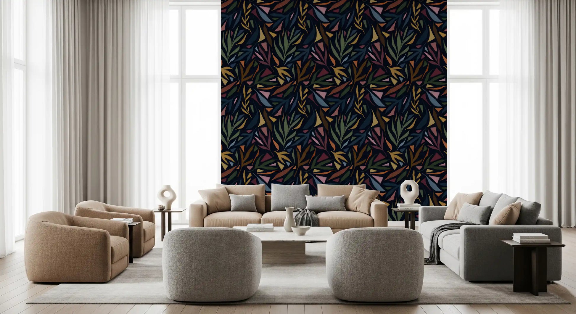 These living room walls are adorned with the dark Tropical wallpaper.