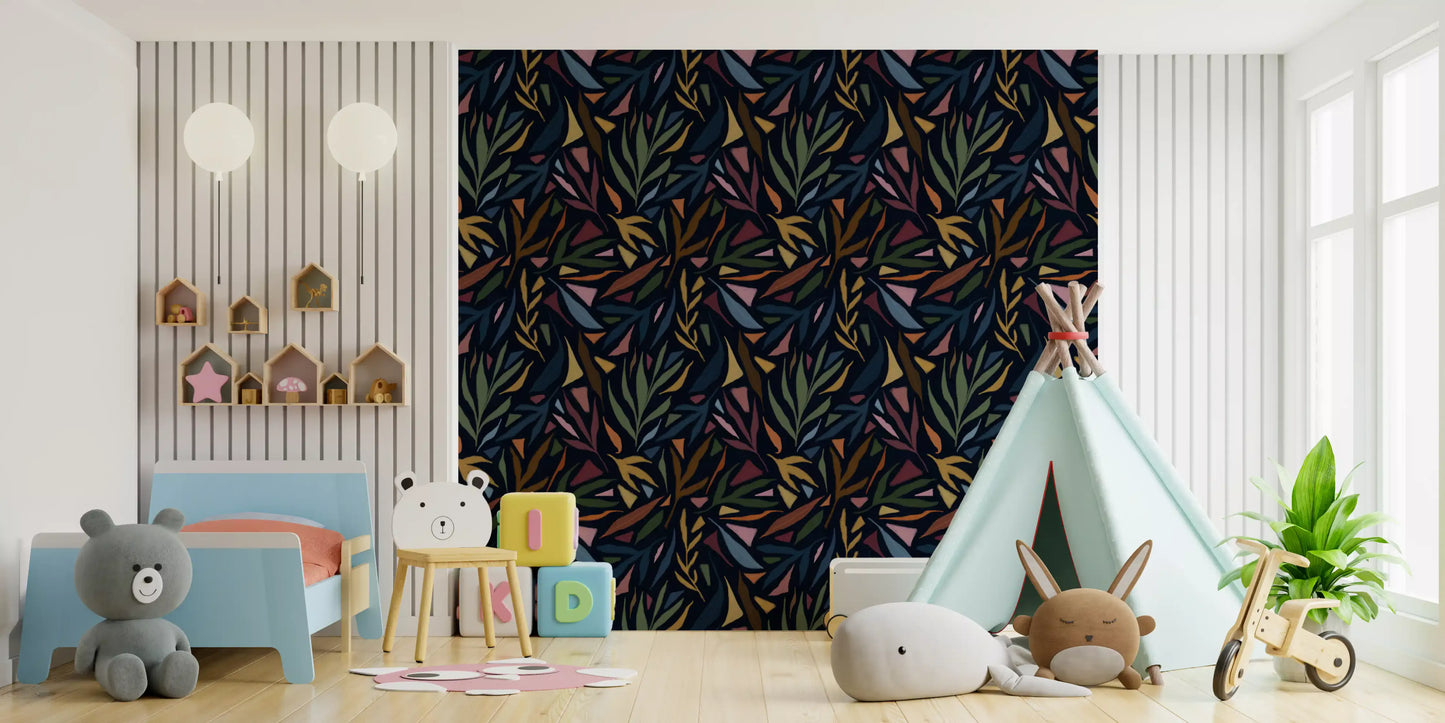 Textured brushstrokes define the moody pattern of this dark tropical wallpaper.