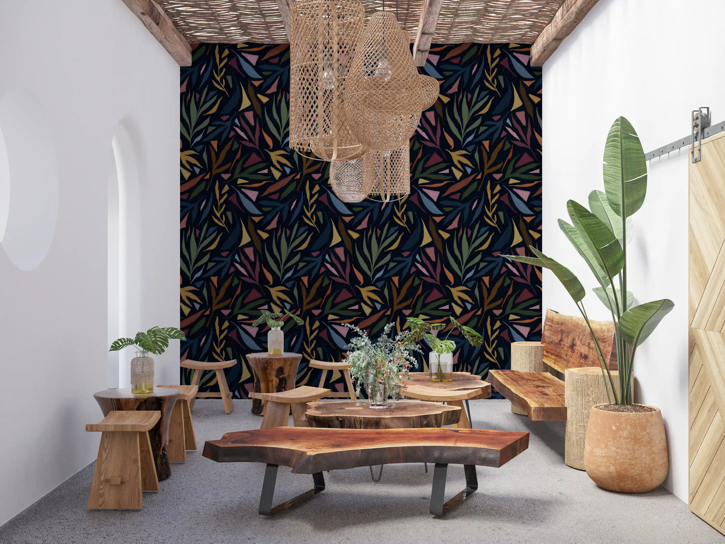 Dark Tropical Collage wallpaper features stylized leaf shapes in ochre.
