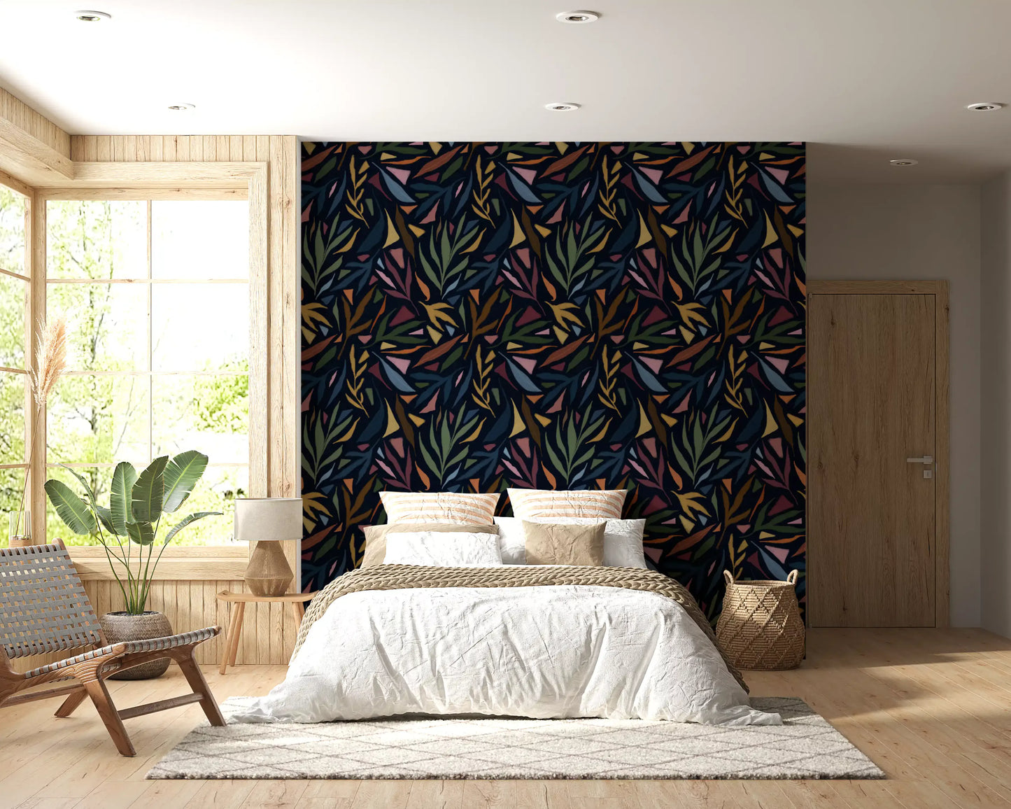 Bedroom interior with Tropical Painted Collage Dark Wallpaper.