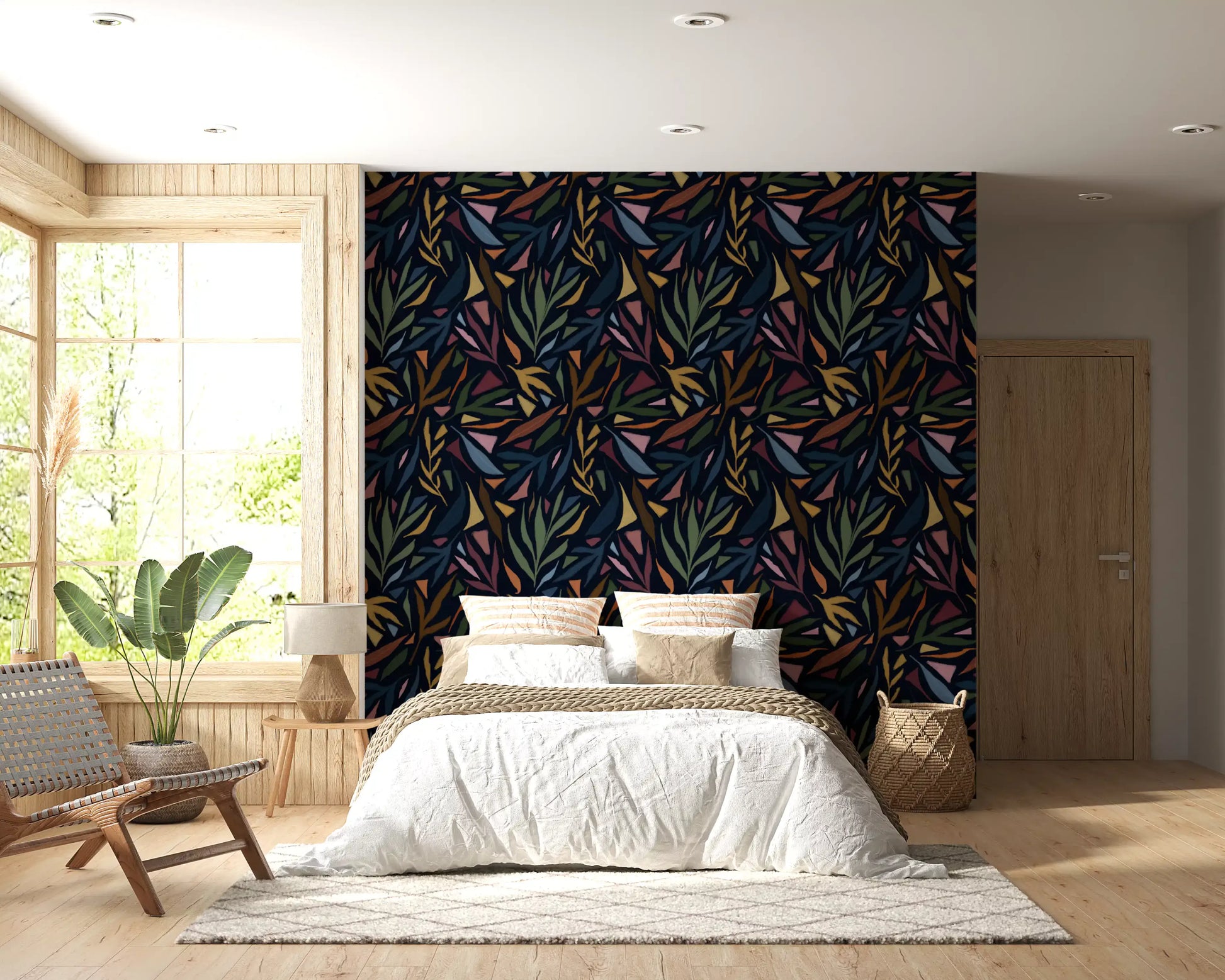 Bedroom interior with Tropical Painted Collage Dark Wallpaper.