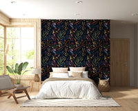 Bedroom interior with Tropical Painted Collage Dark Wallpaper.