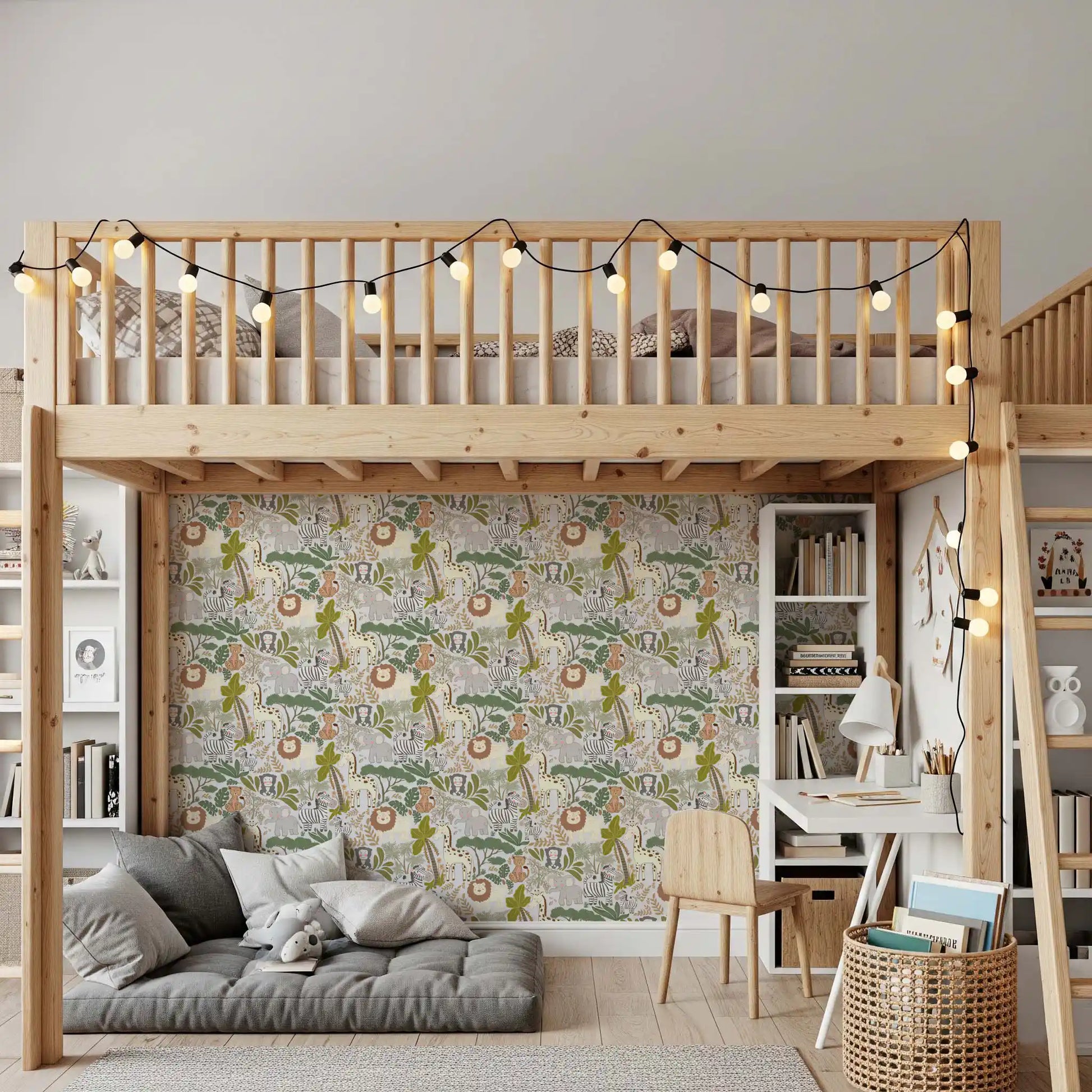 Neutral jungle animal wallpaper installed inside a very bright kids room.