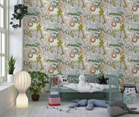 Detailed safari animal wallpaper placed within a cozy nursery space.