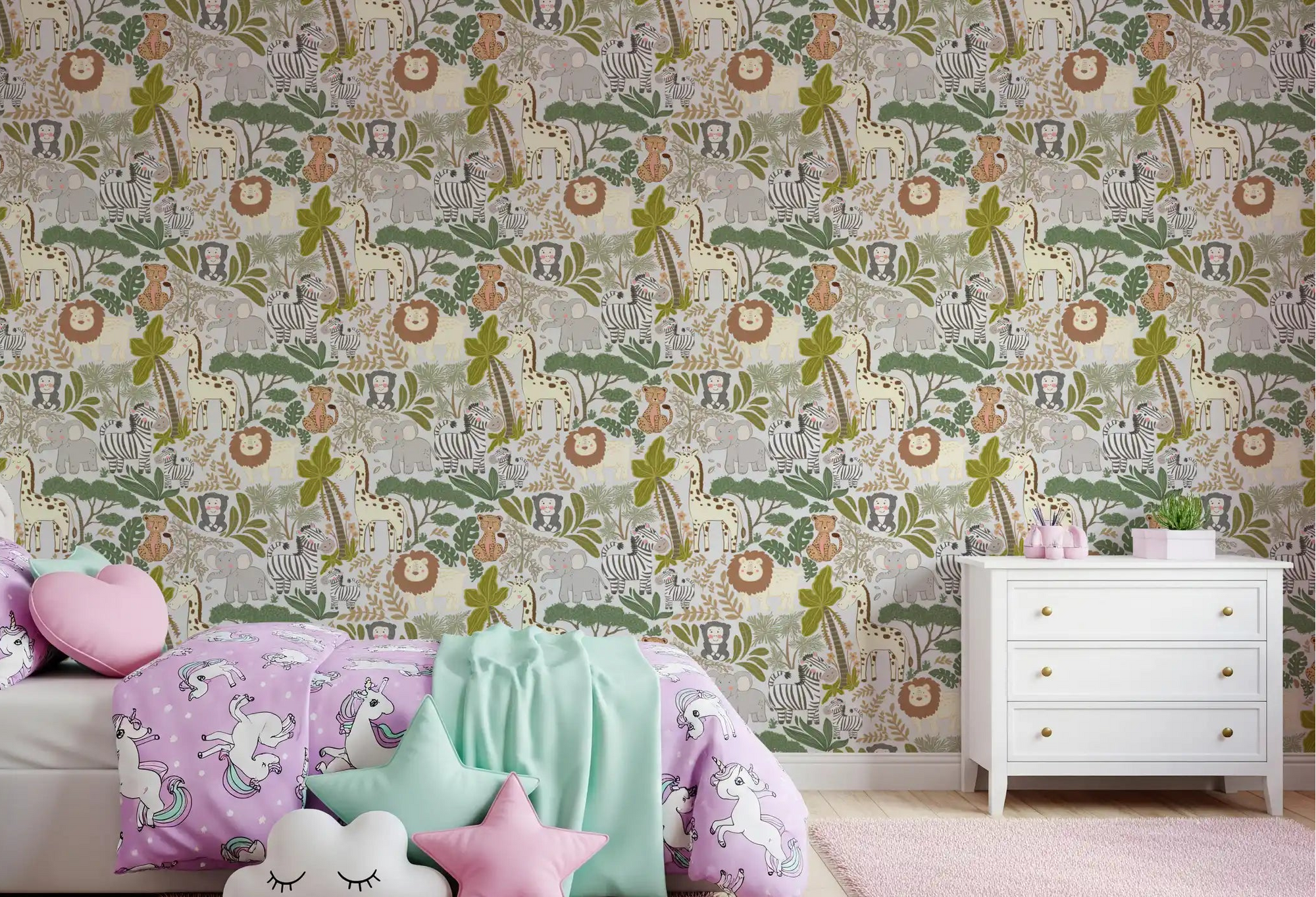 Whimsical Safari Wallpaper used as a backdrop for a quiet children bedroom., GD9932