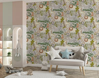 Hand-drawn animal friends featured on this safari themed wallpaper.