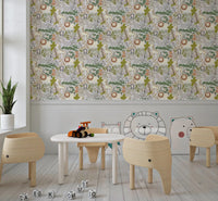 Illustrated lions and zebras on the Whimsical Safari Pals Wallpaper scene.