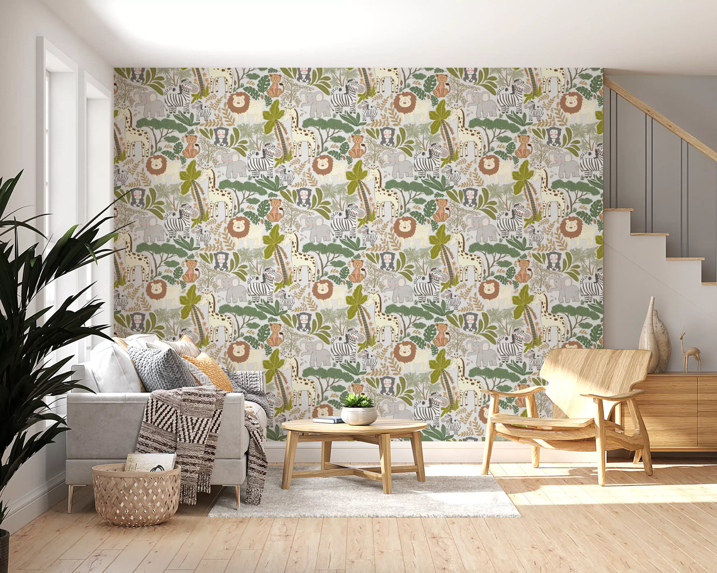 Living room walls featuring the Whimsical Safari Pals Pattern Wallpaper