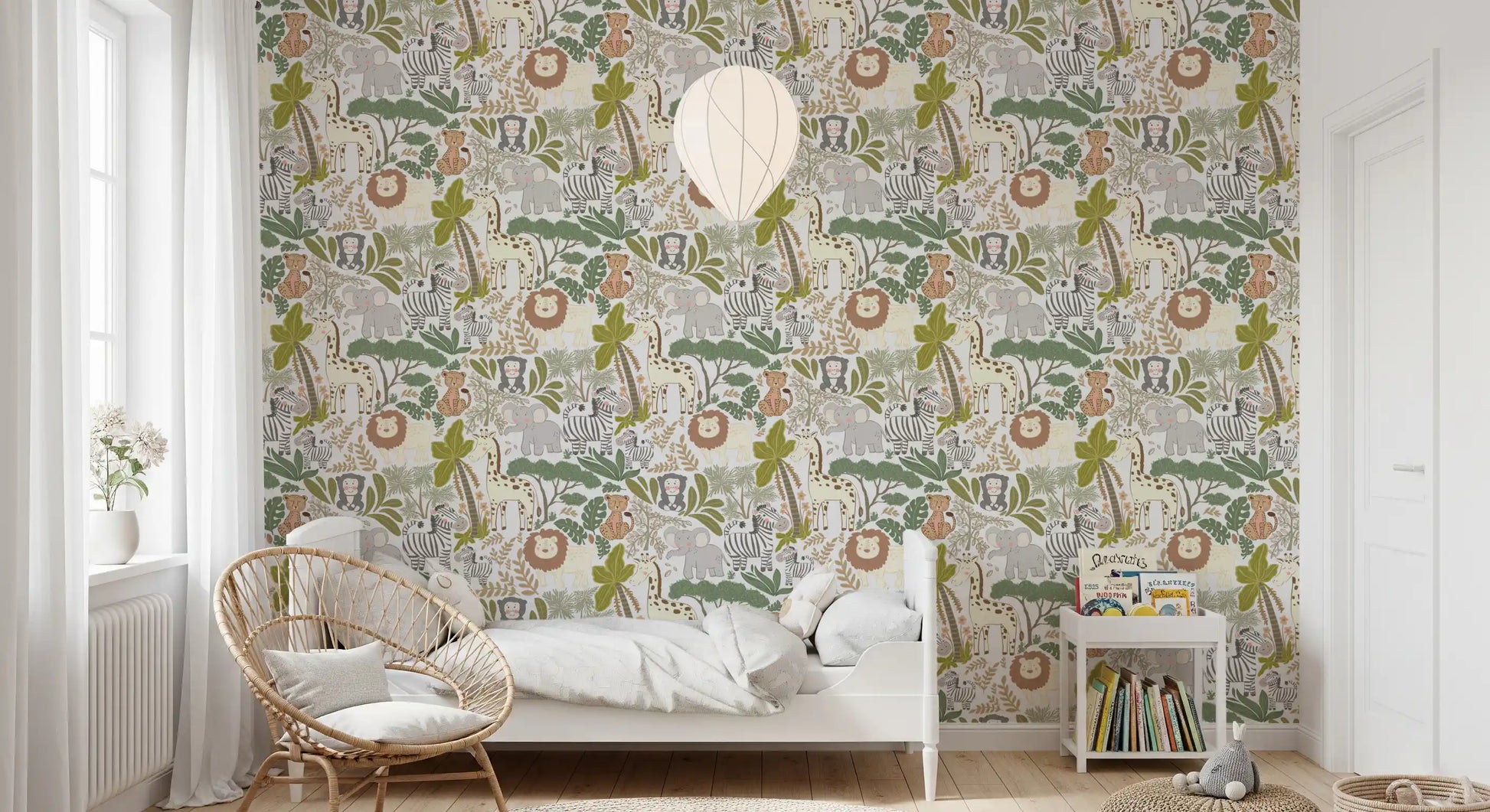 Playful zebras, monkeys, and cheetahs populate this lively jungle wallpaper.