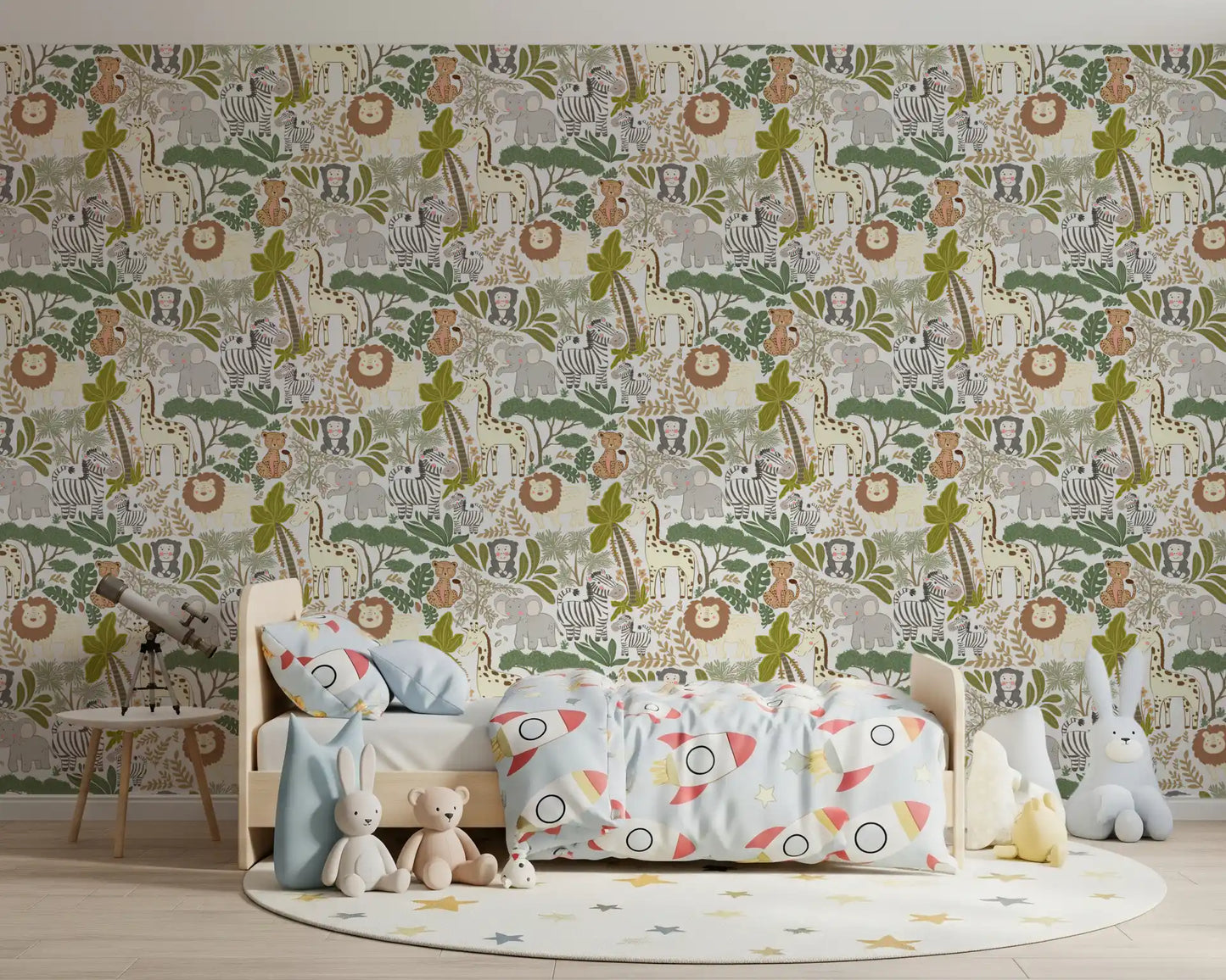 A lively safari friends wallpaper extending along a kids bedroom.