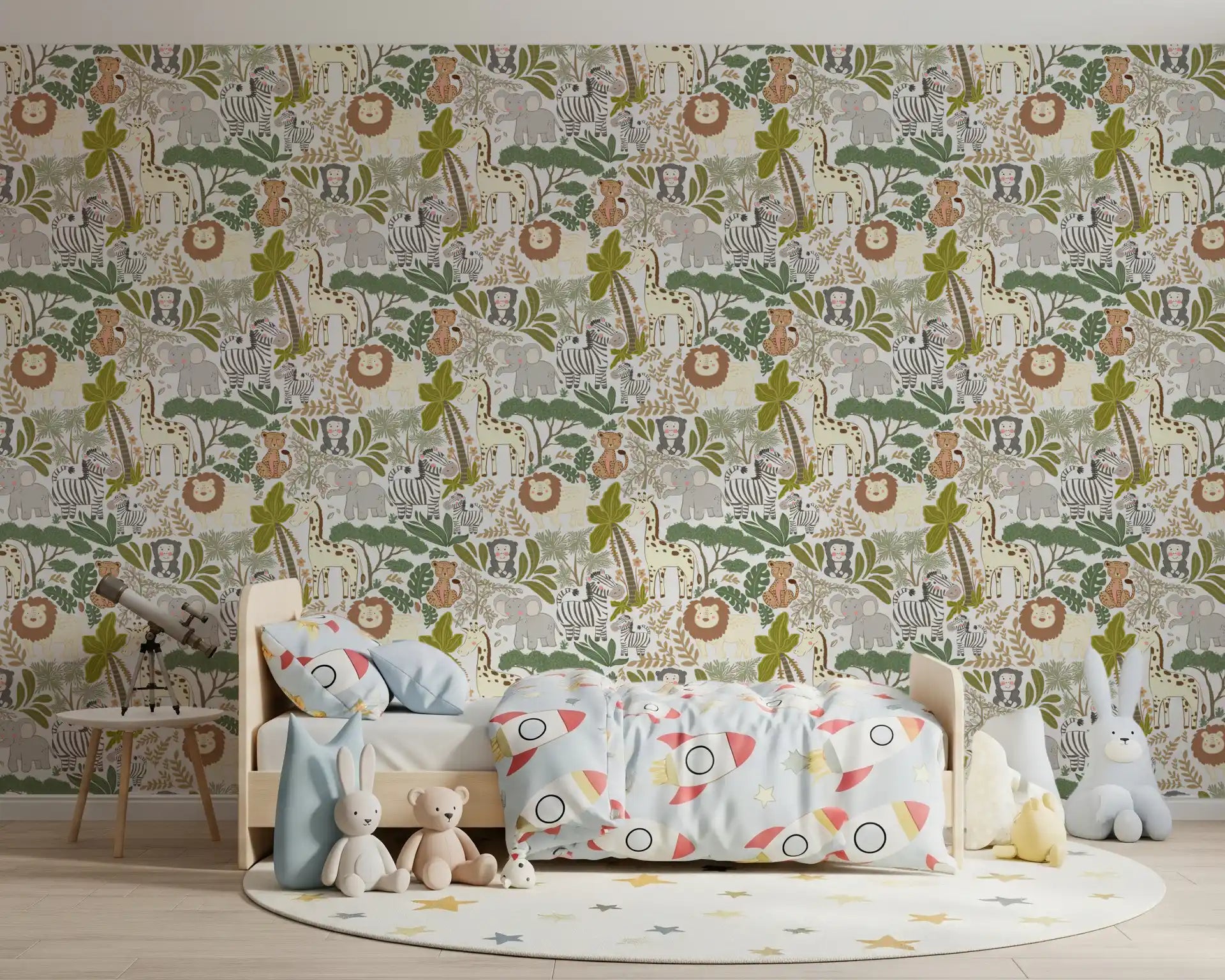 A lively safari friends wallpaper extending along a kids bedroom.