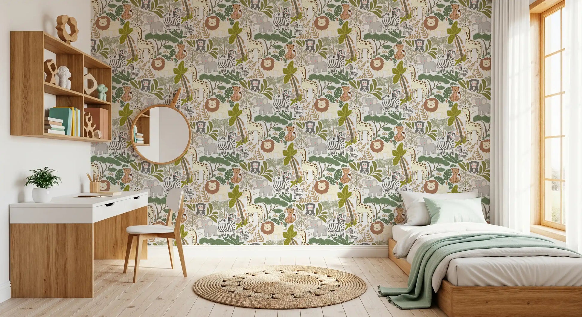 Playful jungle wallpaper for a kids room filled with animal adventures.