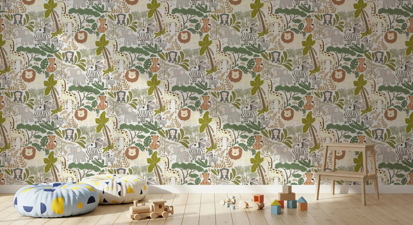 Seamless wallpaper of illustrated jungle animals roaming through lush palm leaves.