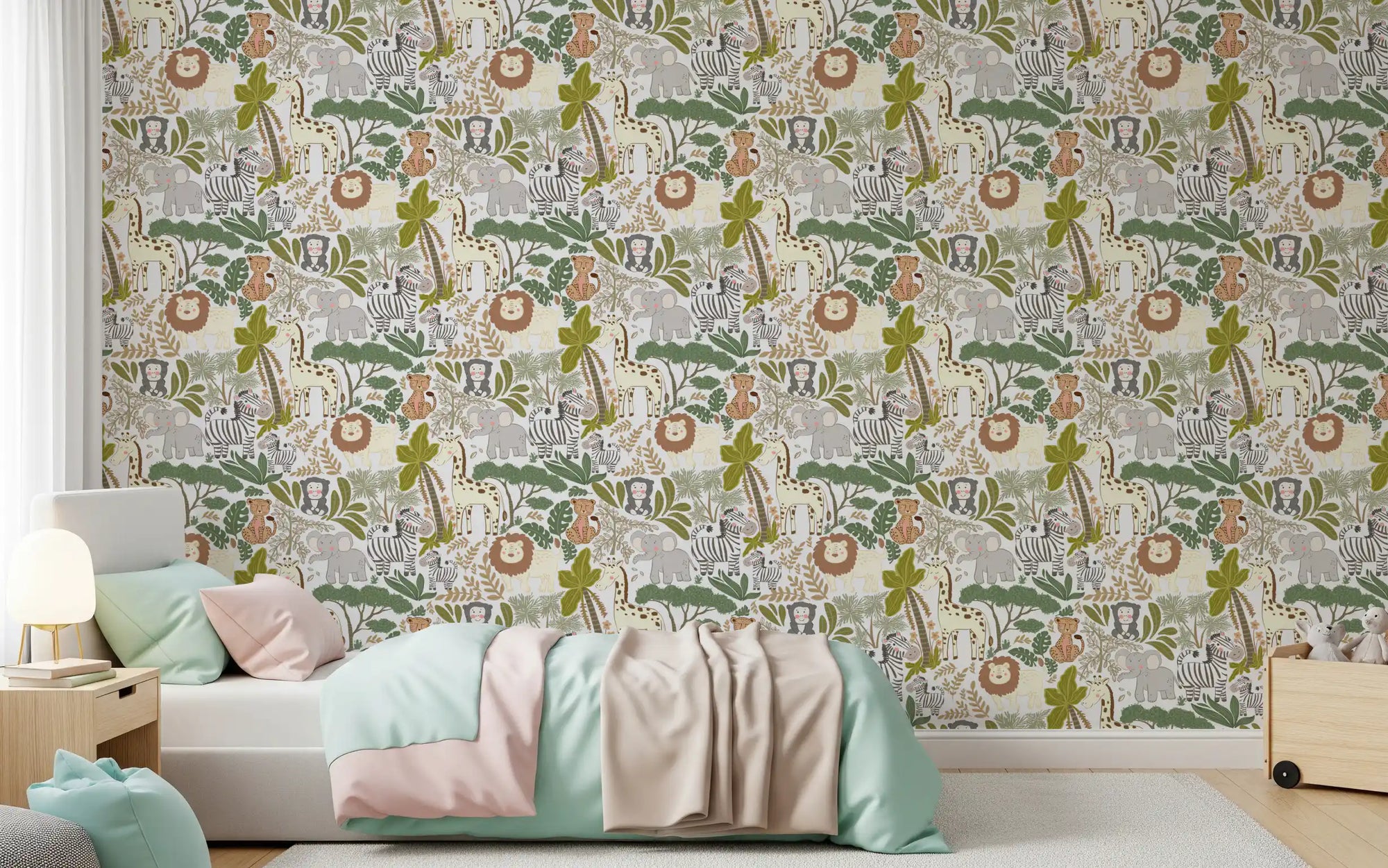 Charming jungle wildlife wallpaper creating a cozy feel in child's bedroom., GD9933
