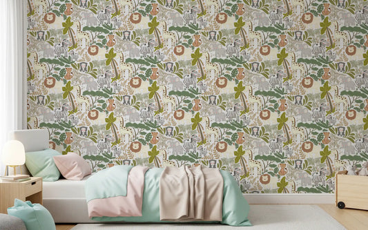 Charming jungle wildlife wallpaper creating a cozy feel in child's bedroom.